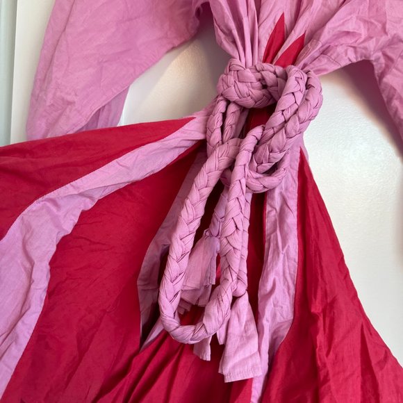 Rhode Resort Ella Blouson Mini Dress Flared Colorblock Rope Waist Tie Pink Red - Picture 8 of 8